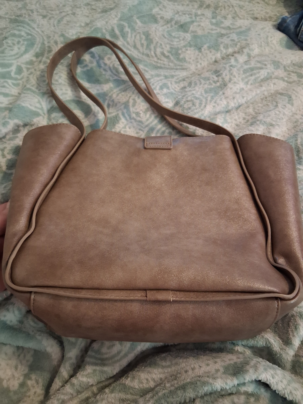 Authentic Leather Taupe Shoulder Tote with Turn-Lock Closure With Mini Bag And - Picture 5 of 8